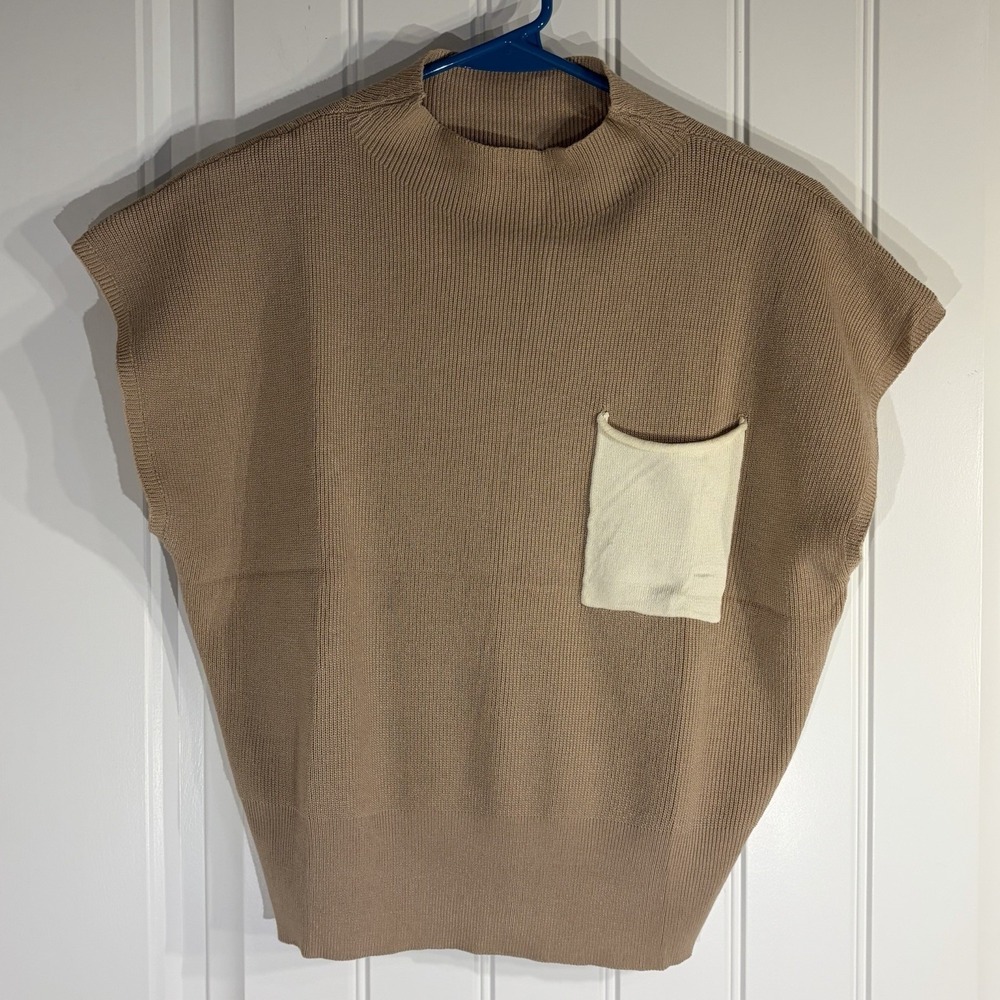 Women's Knit Ribbed Shirt XL Tan Sleeveless Crew Neck Pocket‎ Casual Minimalist